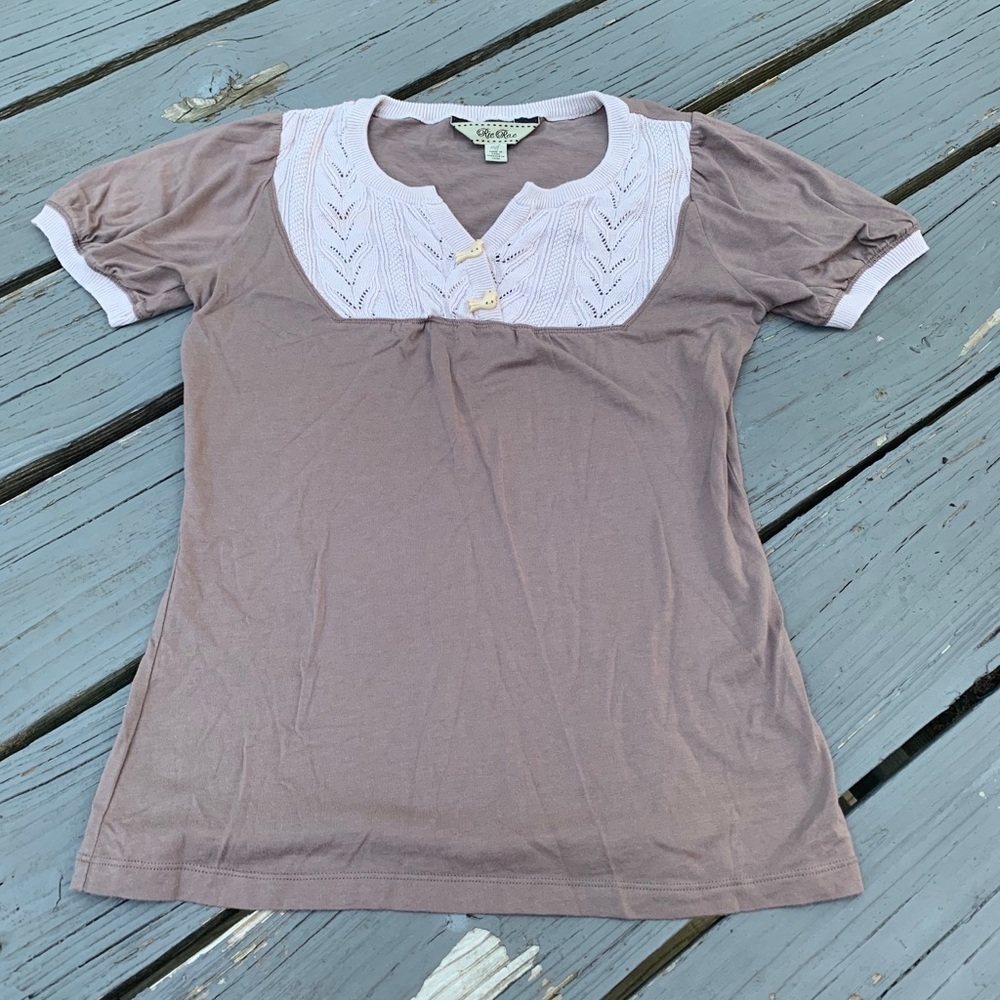Anthropologie XS mushroom y2k Ric Rac tee with bird buttons rare
